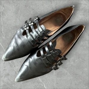 John Fluevog - History - Sandi Black Strappy Pointed Toe Flats size 8.5